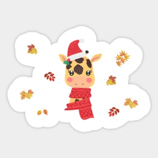 Christmas Giraffe And Autumn Leaves Sticker